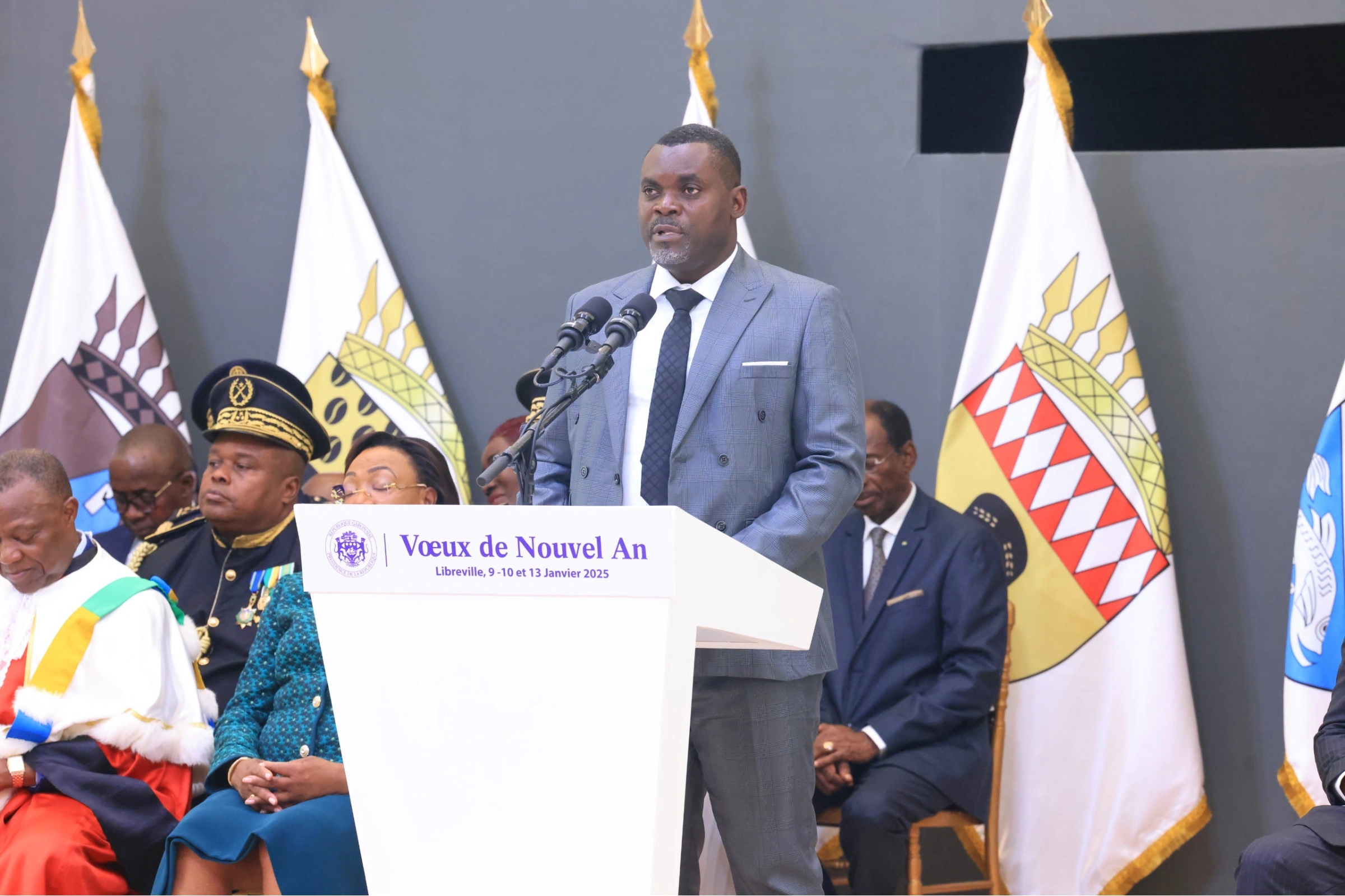  Pierre Minsta, président de la confédération syndicale "La machette syndicale des travailleurs du Gabon" lors de la cérémonie de présentation de voeu au Président le 10 janvier 2024 © DR