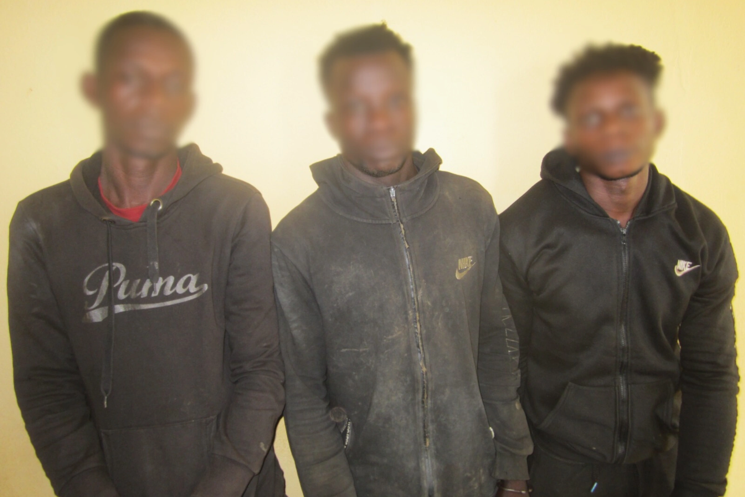 Les trois braconniers présumés avant leur incarcération à la maison d’arrêt d’Oyem. © Alexis NDONG SIMA