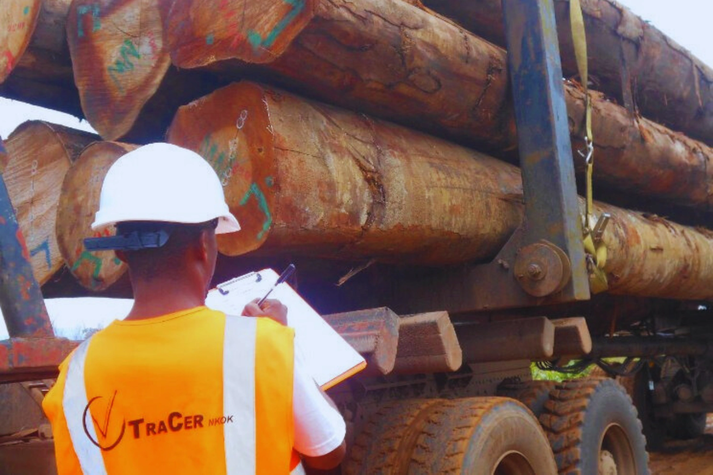 Inspection TRACER d’un chargement de grumes à l’entrée de la ZES de Nkok. © DR/L'Union