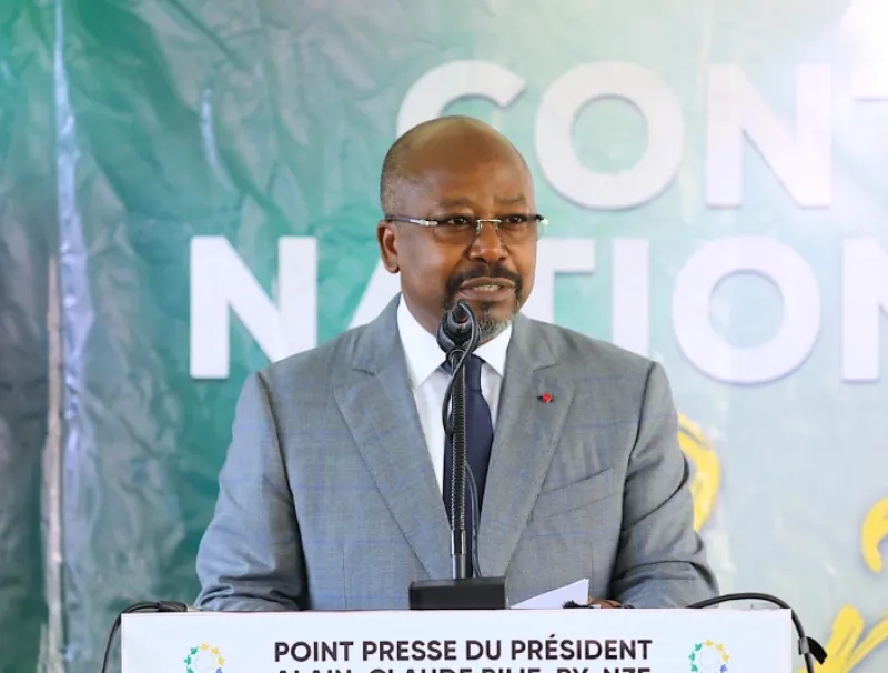 Alain-Claude Bilie-By-Nze lors de sa conférence de presse du 29 avril 2025 | DR