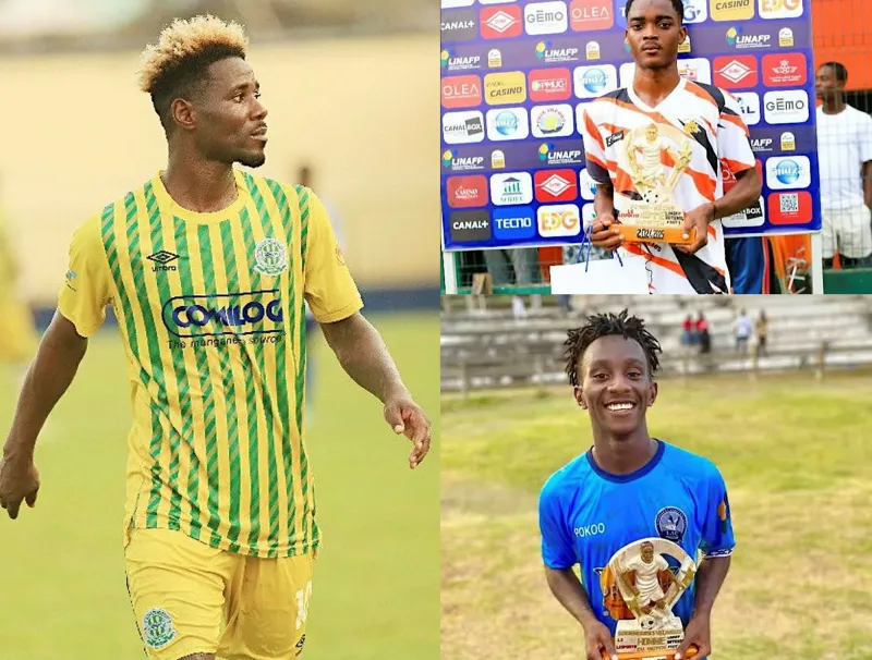Samson Mbingui (G) part avec une longueur d’avance sur Derrick Assoumou Obame ( C), le milieu de terrain du FC 105 et Prince Mouelé (D), le milieu de terrain de Lambarené AC. © DR