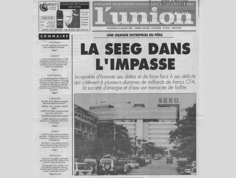 L'Union à travers ses "UNES" - Vendredi 12 mars 1993 :  la SEEG dans l'impasse